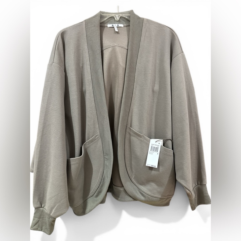 Three Dots taupe ribbed open-front cardigan